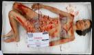 Eine Aktivistin der Organisation People for Ethical Treatment of Animals (PETA) ist mit Kunstblut benetzt und liegt in einer übergroßen Fleischpackung. PETA macht mit der schockierenden Aktion in Paris auf die Misshandlung von Tieren vor ihrer Schlachtung aufmerksam. Auf dem Aufkleber ist  Viande zu lesen, was Fleisch bedeutet. Foto: ap