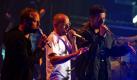 Die Generalprobe war bereits ein voller Erfolg: Smudo, Thomas D und Michi Beck (von links) von den Fantastischen Vier begeistern in Halle an der Saale während einer öffentlichen Probe ihr Publikum. Weltweit zum ersten Mal wird heute das Konzert in 3D live in 88 Kinos in fünf Ländern in Europa übertragen. In den Kinos in Deutschland, Österreich, der Schweiz, Luxemburg und Belgien werden die Konzertbesucher mit Hilfe einer 3D-Brille das Konzert in Halle mit Live-Eindruck verfolgen können. Die technisch sehr aufwendige Übertragung wird im Rahmen des Medienkongresses Forward2Business veranstaltet.  Foto: dpa
