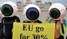 Als Klimaflüchtlinge verkleidete Greenpeace-Aktivisten fordern die Europäische Union vor dem Sitz des Budapester Parlamentes auf, den CO2-Ausstoß auf 30 Prozent des bisherigen Wertes zu verringern. Ungarn hat bis Ende Juni die EU-Präsidentschaft inne. Foto: dapd