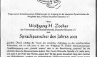 Eine Art Traueranzeige: Wolfgang H. Zocher, Vorsitzender des Bundesverbandes Deutscher Bestatter wurde im Jahr 2001 zum Sprachpanscher gewählt, unter anderem, weil er die jährliche deutsche Bestattermesseeternity (Ewigkeit) nannte. Foto: Verein Deutsche Sprache