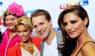 Die Komikerin Cindy aus Marzahn, die Moderatoren Sylvie van der Vaart, Oliver Pocher und Nazan Eckes (von links nach rechts) heute in Köln beim RTL-Programmscreening. Der Fernsehsender stellte sein Programm für die kommende Saison vor. Pocher soll mit der neuen Show Alle auf den Kleinen, einer Art Schlag den Raab, für Quote sorgen. Foto: dpa