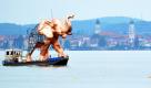 Ein Elefant für die Kulisse der Oper Aida wird nahe des österreichischen Bregenz über den Bodensee transportiert. Die mehr als acht Meter hohe und 14 Meter lange Skulptur kam auf dem Seeweg aus seinem Winterquartier im rund zehn Kilometer entfernten Fußach. Er ist Teil des Bühnenbildes der Oper Aida, die ab dem 22. Juli im Rahmen der Bregenzer Festspiele auf der größten Seebühne der Welt aufgeführt wird. Foto: dpa