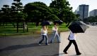 Nicht die Angst vor einem Schauer veranlasste diese Japanerinnen zu den Schirmen. Rund um Tokio herrschen seit Anfang August tropische Temperaturen. Auch heute zeigte das Thermometer 37 Grad. In der Woche vom 8. bis 14. August mussten laut offiziellen Angaben ber 7000 Menschen wegen der Hitze behandelt werden. Foto: dpa