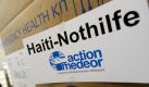 Ein Hilfspaket der Hilfsorganisation Medeor liegt versandfertig im Medeor-Lager im niederrheinischen Tönisvorst. Mehrere Hilfsorganisationen schicken Nothilfe-Pakete in das Erdbebengebiet nach Haiti. Foto: dpa