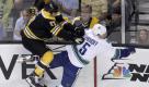Boston Bruins left wing Milan Lucic (17) sends Vancouver Canucks defenseman Christian Ehrhoff (5) flying with a check during the first period in Game 6 of the NHL hockey Stanley Cup Finals in Boston, Monday, June 13, 2011. (zu dapd-Text)
Foto: Charles Krupa/AP/dapd Foto: dapd