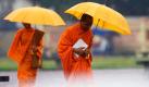 Kambodschanische buddhistische Mönche schützen sich mit gelben Regenschirmen vor dem Regen in Phnom Penh.
 Foto: ap