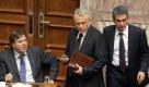 reek Labour Minister Andreas Loverdos (R), Interior Minister Giannis Ragousis (C) and government spokesman George Petalotis (L) are seen in the Parliament in Athens, Greece, 06 May 2010, during the debate of the bill on the 'measures for the implementation of the support mechanism for the Greek economy by the eurozone member countries and the International Monetary Fund (IMF)'. EPA/KATERINA MAVRONA +++(c) dpa - Bildfunk+++ Foto: dpa