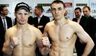 Der amtierende Supermittelgewichts-Boxweltmeister Robert Stieglitz, links im Bild, und sein Herausforderer Eduard Gutknecht stehen in Magdeburg nach dem offiziellen Wiegen nebeneinander. Beide kämpfen am Samstag um den Weltmeistertitel nach WBO-Version in der Magdeburger Bördelandhalle. Foto: dpa