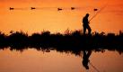 Ein Angler steht auf einer Buhne in der Oder nahe Frankfurt und wirft seine Angel in das vom Sonnenuntergang rötlich gefärbte Wasser. In München findet heute der Deutsche Fischereitag statt. Foto: dpa