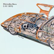 Um eindrucksvoll zu beweisen, dass ein Diesel nicht nur zur Wanderdüne mit Taxi-Schild taugt, holen die Mercedes-Ingenieure 1976 einen ihrer C111 wieder aus der Garage und ersetzen den Wankelmotor durch den Dreiliter-Selbstzünder samt Turboa Um eindrucksvoll zu beweisen, dass ein Diesel nicht nur zur Wanderdüne mit Taxi-Schild taugt, holen die Mercedes-Ingenieure 1976 einen ihrer C111 wieder aus der Garage und ersetzen den Wankelmotor durch den Dreiliter-Selbstzünder samt Turboa