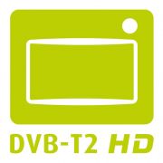 Das grüne DVB-T2-Logo kennzeichnet Geräte, die für den Empfang geeignet sind.