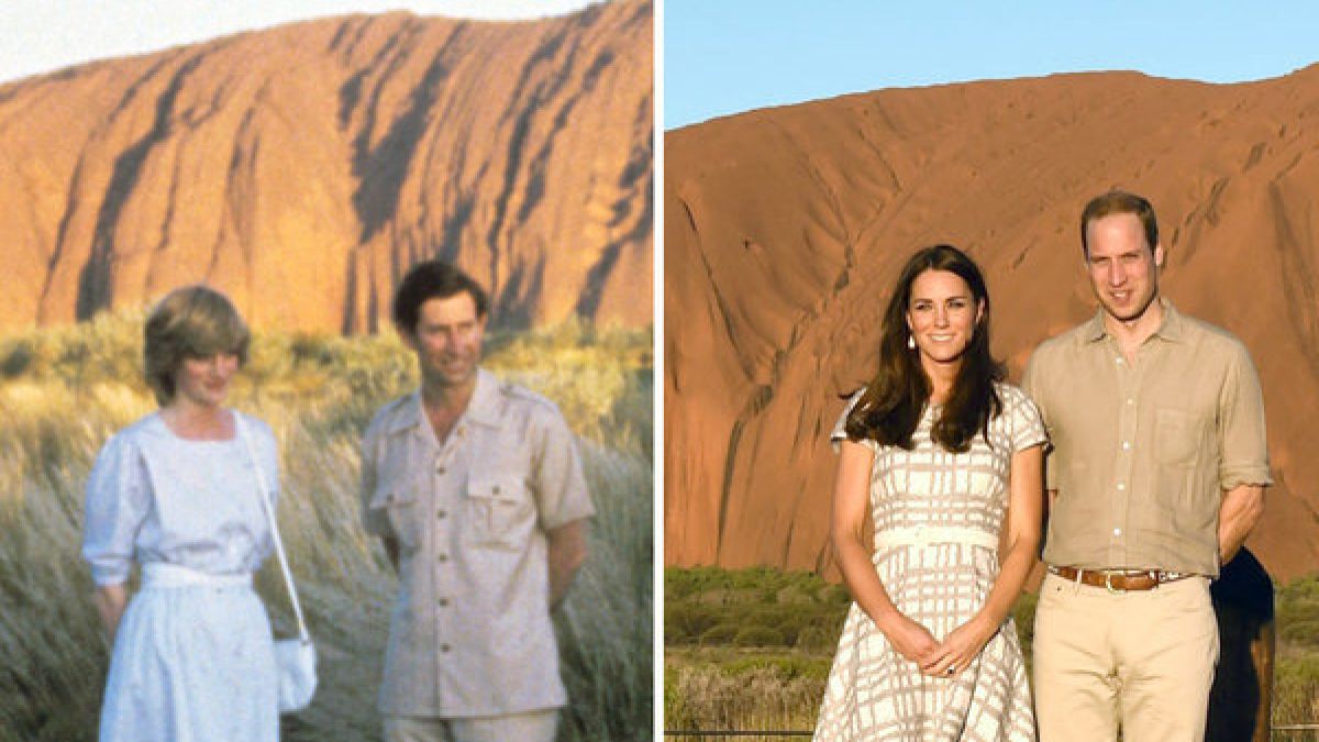 Prinz Charles und Prinzessin Diana (links, am 21.03.1983) sowie Herzogin Kate und Prinz William (rechts, am 22.04.2014) vor Ayers Rock, den Heiligen Berg der australischen Ureinwohner. (Foto)