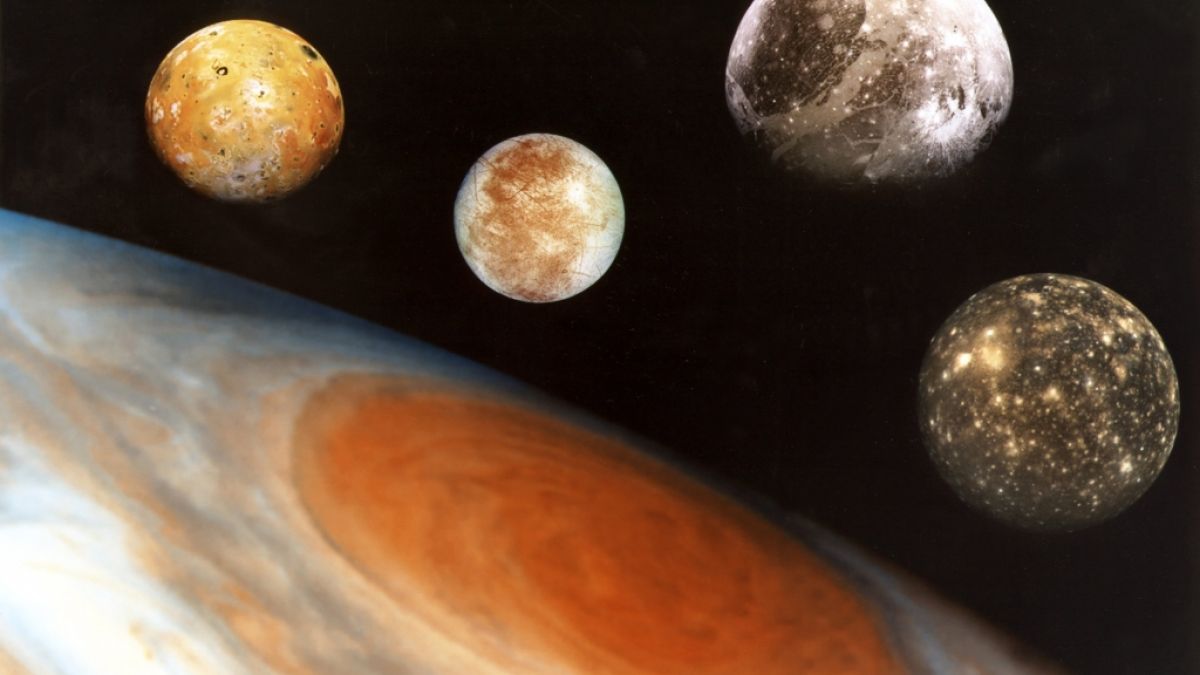 Der Jupiter und seine vier großen "galileischen" Monde: Io, Europa, Ganymed und Callisto. (Foto)