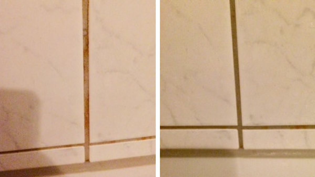 Der Vorher-Nachher-Vergleich: Rechts mit Shampoo-Resten, links nach der Fugenreinigung. (Foto)