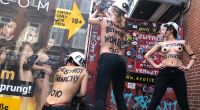 Femen-Aktivistinnen reißen einen Sichtschutz in Hamburgs Rotlichtviertel ein.