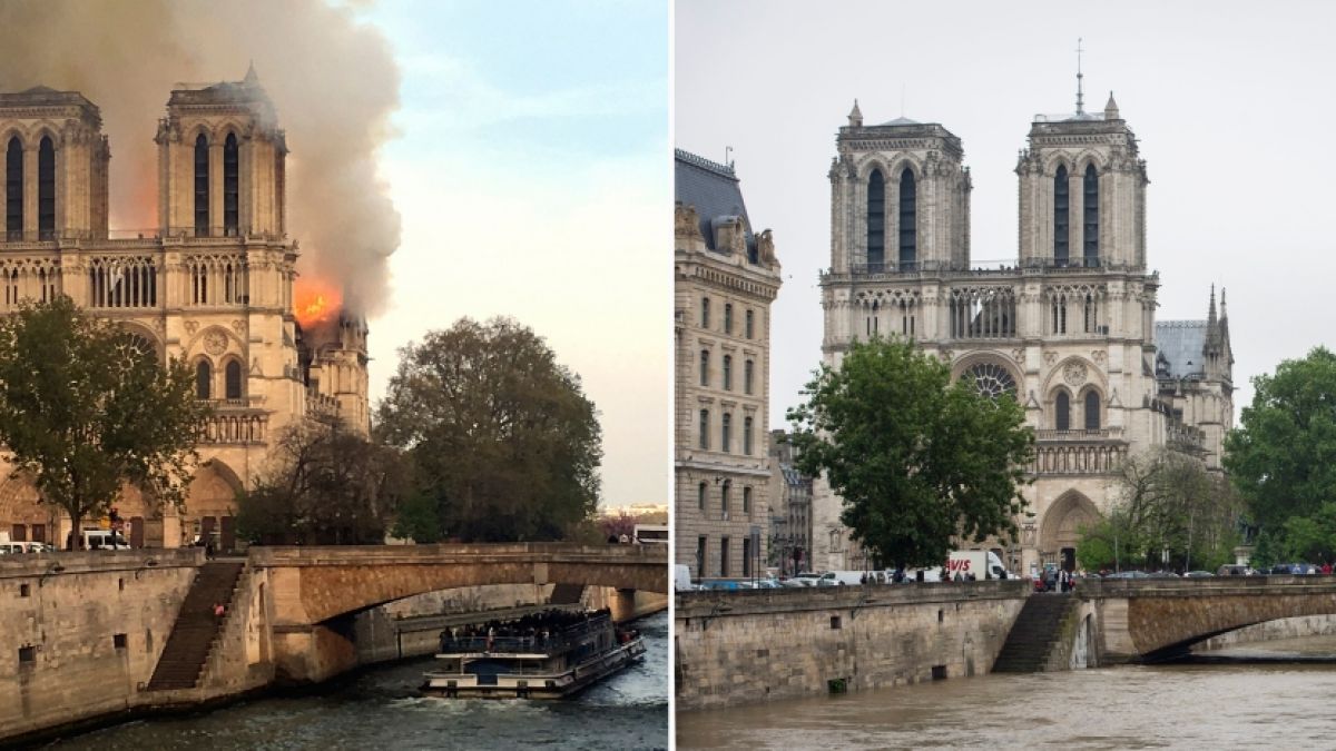 Flammen und Rauch steigen am 15.04.2019 von der Pariser Kathedrale Notre-Dame auf (l) und Blick auf die Kathedrale beim Seine-Hochwasser. (Foto)