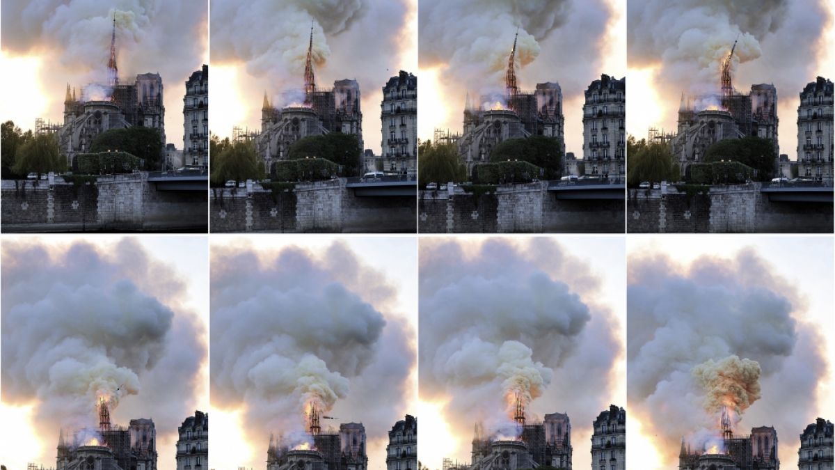 Diese Bildkombo zeigt Rauch und Flammen, die von der Kathedrale Notre-Dame aufsteigen und den kleinen Spitzturm einstürzen lassen. Ein Feuer verwüstete am Montag die Kathedrale Notre-Dame. (Foto)