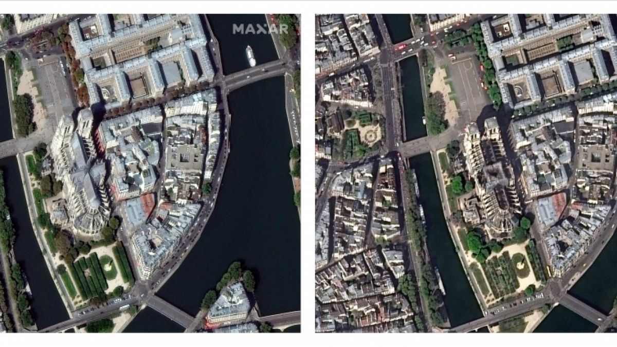 Diese von DigitalGlobe, einem Maxar-Unternehmen, zur Verfügung gestellte Bildkombo aus Satellitenbildern zeigt die Kathedrale Notre-Dame am 02.09.2018 (l) vor und am 17.04.2019 nach dem verheerenden Brand. (Foto)