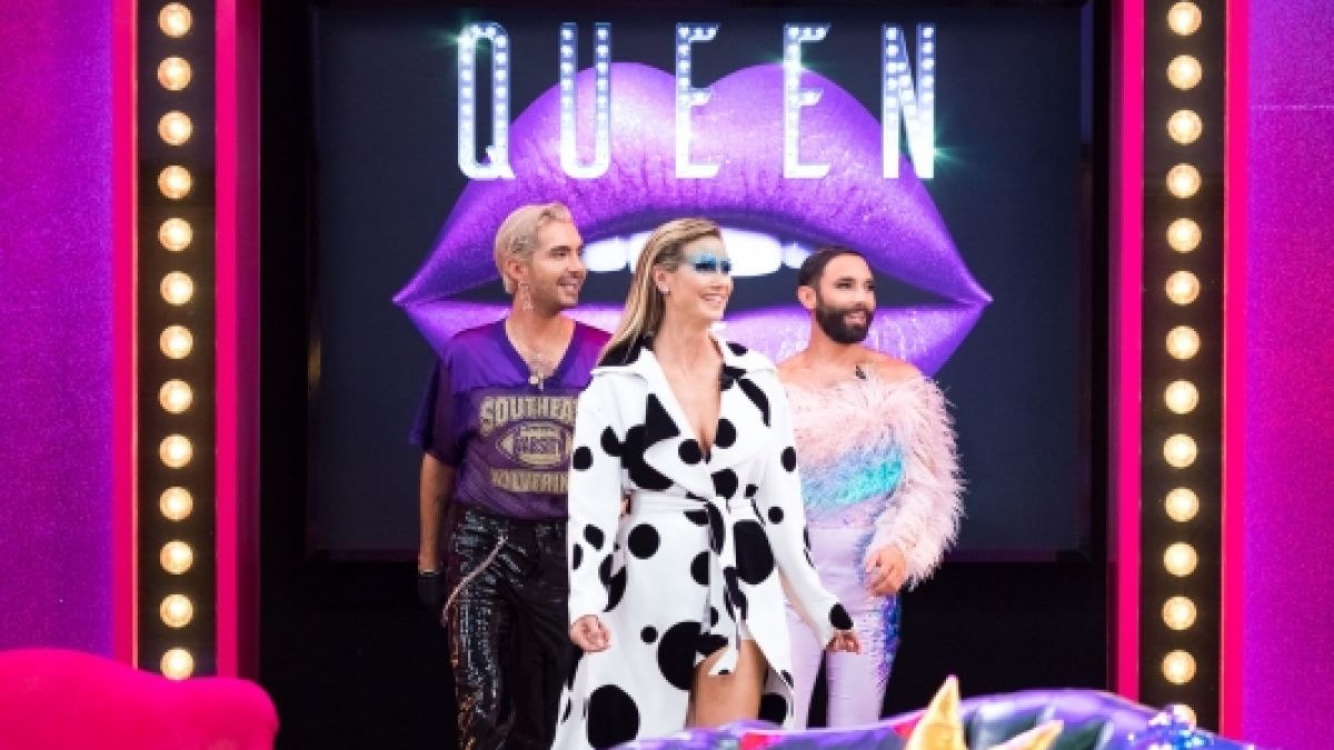 Bill Kaulitz (l.), Heidi Klum und Conchita Wurst suchen die "Queen of Drags". (Foto)