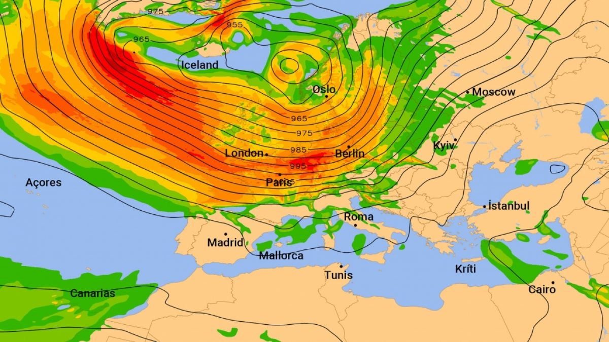 Ein Sturmfeld erstreckt sich über den Nordatlantik. Rot steht für Sturmböen über 100 km/h. (Foto)