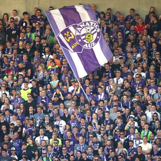 In den Farben der Mannschaft unterstützen die Fans ihren Verein Erzgebirge Aue. (Symbolbild)