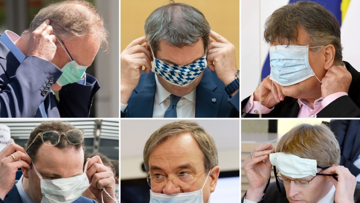 Die Kombo zeigt sechs Politiker beim Tragen oder An- und Abziehen eines Mundschutzes. (Foto)