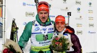 Laura Dahlmeier und Roman Rees in Aktion auf der Strecke. Sie belegten den zweiten Platz beim Biathlon IBU-Cup in Ridnaun in der Single-Mixed-Staffel.