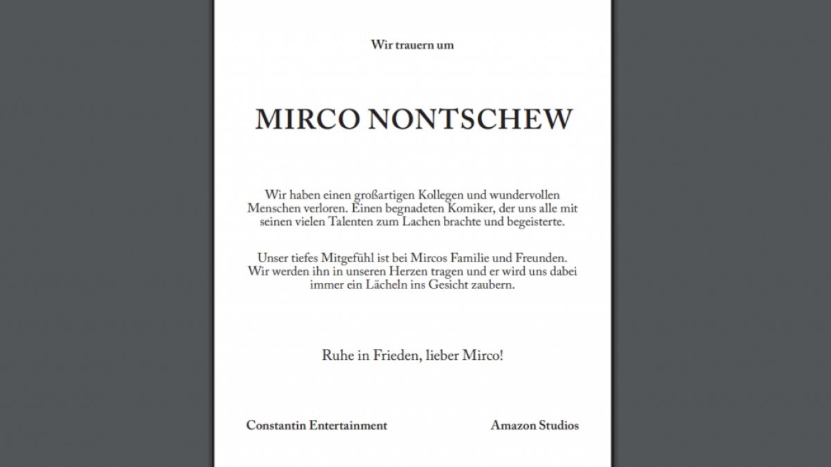 Constantin Entertainment und Amazon Studios schalteten eine rührende Todesanzeige zu Ehren von Mirco Nontschew in der "Süddeutschen Zeitung". (Foto)