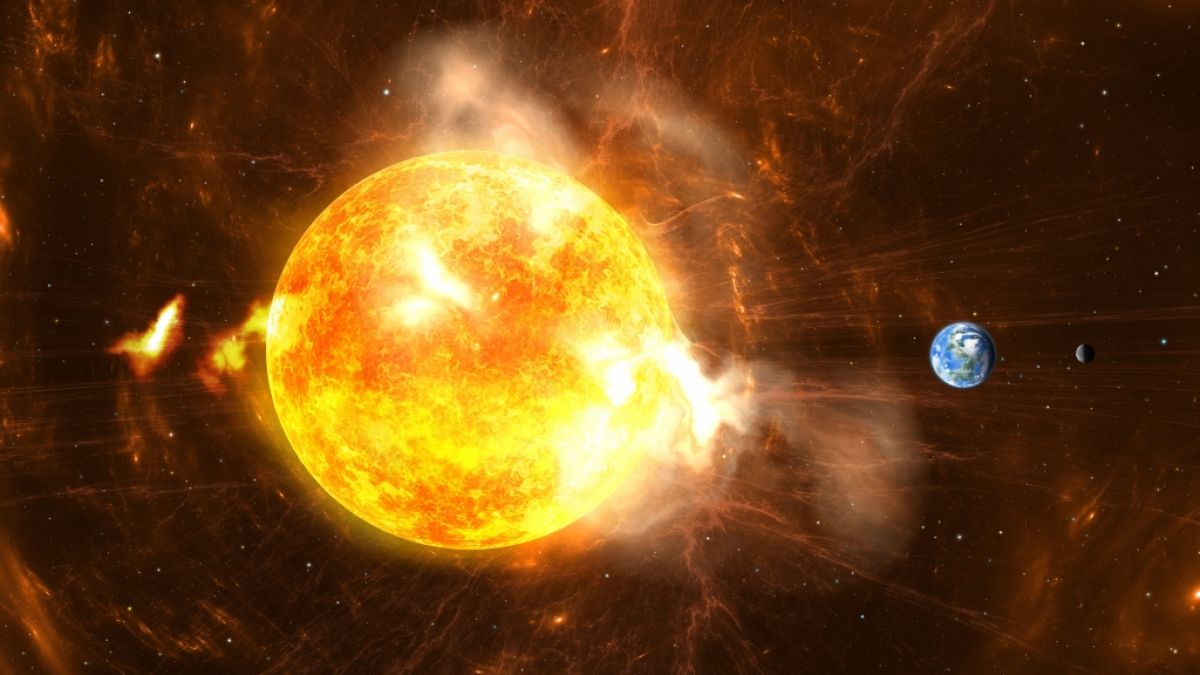 Bei einem Sonnensturm stößt die Sonne große Mengen an Elektronen und Protonen aus, in der Folge fliegt eine Wolke kosmischer Strahlung auf die Erde zu und erreicht sie in wenigen Tagen. (Foto)
