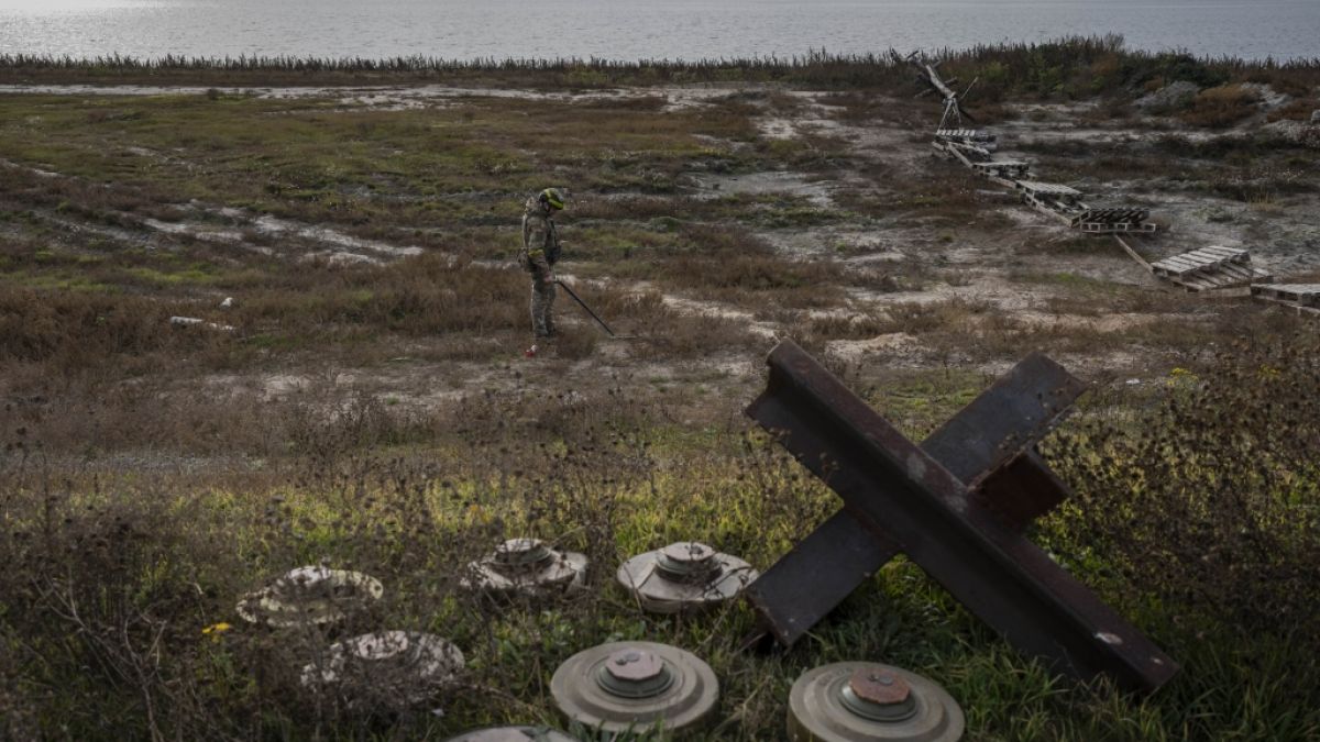 Ein ukrainischer Soldat sucht auf dem Feld eines kürzlich befreiten Dorfes am Rande von Cherson nach Minen. (Foto)