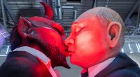 Wladimir Putin küsst auf einem Mottowagen für den Kölner Rosenmontagszug den Teufel.