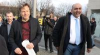 Wirtschaftsminister Robert Habeck und Omid Nouripour, Bundesvorsitzender der Grünen auf dem Weg zu den Beratungen des Koalitionsauschuss'.