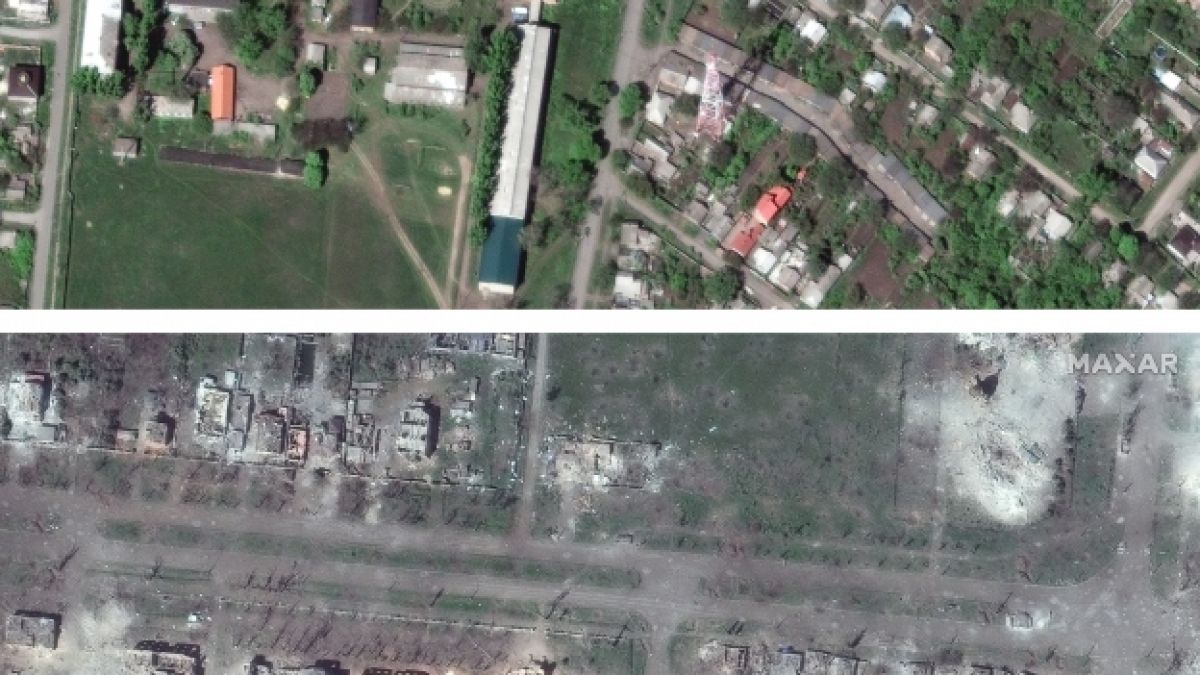 Vorher-nachher-Fotos aus Bachmut zeigen das Ausmaß der Zerstörung. Das obere Foto wurde am 8. Mai 2022, das zweite am 15. Mai 2023 von Maxar Technologies aufgezeichnet. (Foto)