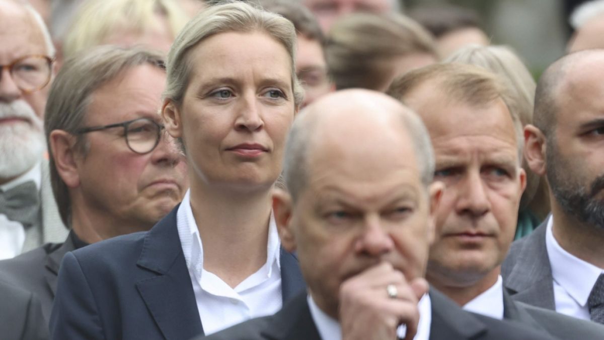 AfD-Bundesvorsitzende Alice Weidel kann sich über neue Umfrageergebnisse freuen. Ihre Partei überholt die SPD von Kanzler Olaf Scholz (vorn). (Foto)
