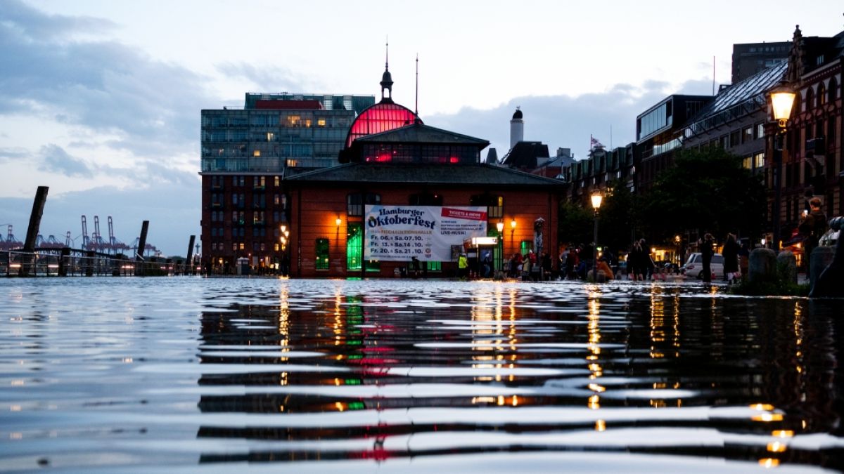 Der Fischmarkt mit der Fischauktionshalle ist am Abend während einer Sturmflut beim Hochwasser der Elbe überschwemmt. (Foto)