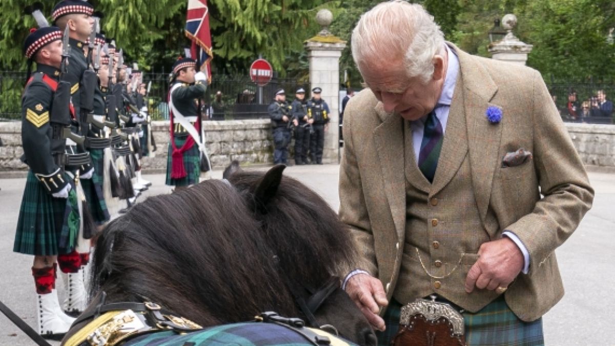 König Charles III. trifft das Maskottchen des Royal Regiment of Scotland, das Shetlandpony Corporal Cruachan IV. (Foto)