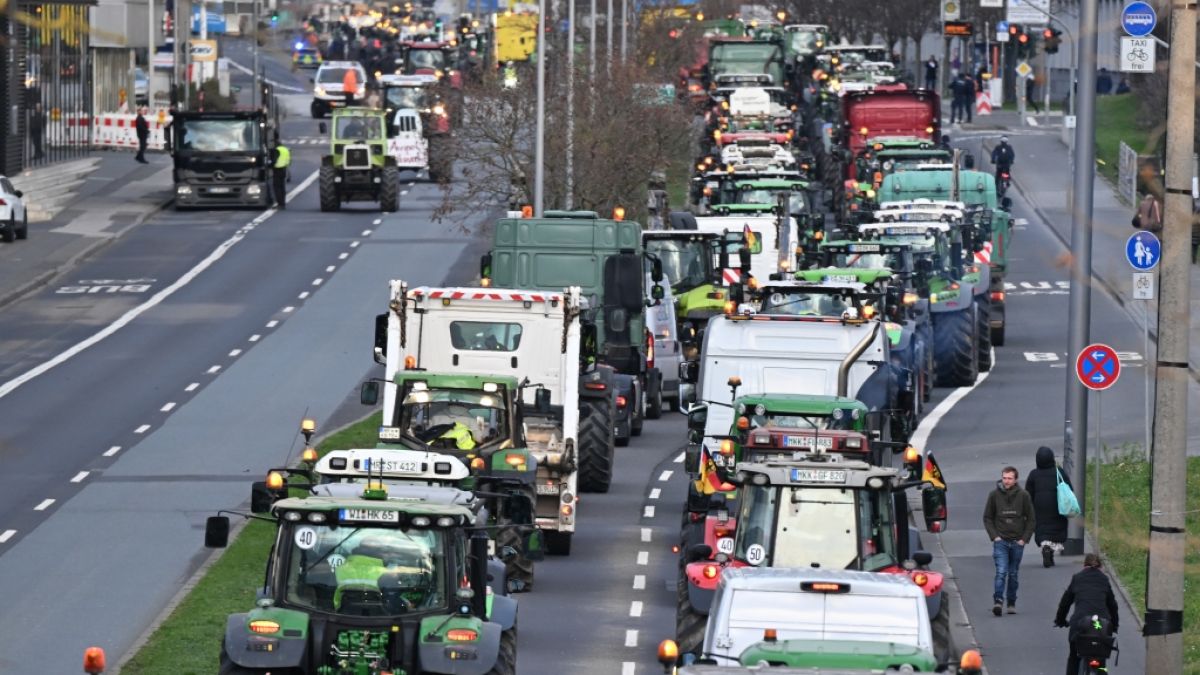 Bauern aus Hessen sind mit ihren Traktoren auf der Mainzer Straße in Wiesbaden unterwegs. (Foto)