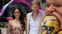 Prinz Harry und Meghan posieren für Fotos mit traditionellen Karnevalstänzern während einer Begrüßungszeremonie im Delia Zapata National Arts Center.