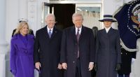 Donald Trump (3.v.l.) und seine Frau Melania wurden zunächst im Weißen Haus von der ehemaligen First Lady Jill Biden (l.) und Ex-US-Präsident Joe Biden (2.v.l.) empfangen.