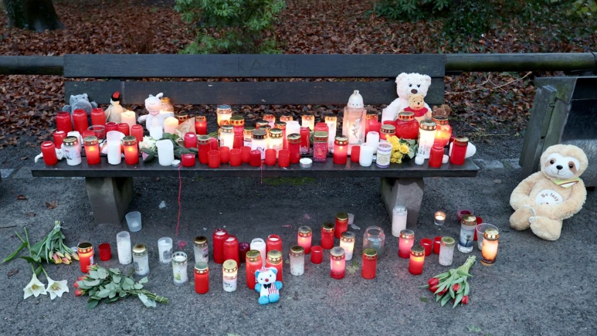 Trauerkerzen, Blumen und Kuscheltiere liegen nach einem brutalen Messer-Angriff hier in einem Park in Aschaffenburg, wo ein 28-Jähriger zwei Menschen getötet hat. Trauerkerzen, Blumen und Kuscheltiere liegen nach einem brutalen Messer-Angriff hier in einem Park in Aschaffenburg, wo ein 28-Jähriger zwei Menschen getötet hat. (Foto)