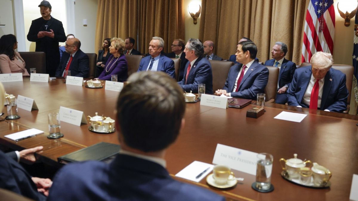 Während seiner ersten Kabinettssitzung durfte Donald Trump (re.) einer unterwürfigen Lobeshymne von Tech-Milliardär Elon Musk (li.) lauschen. (Foto)