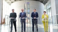 Markus Söder, (CSU), Friedrich Merz (CDU) sowie die SPD-Spitzen Lars Klingbeil und Saskia Esken (v.l.) verkündeten das Ergebnis ihrer Sondierungsgespräche vor der Presse.