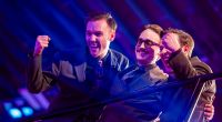 KAJ aus Schweden ist der große Favorit für den diesjährigen ESC-Sieg. Hier jubelt die Band nach ihrer Qualifikation für das Finale am Samstag.