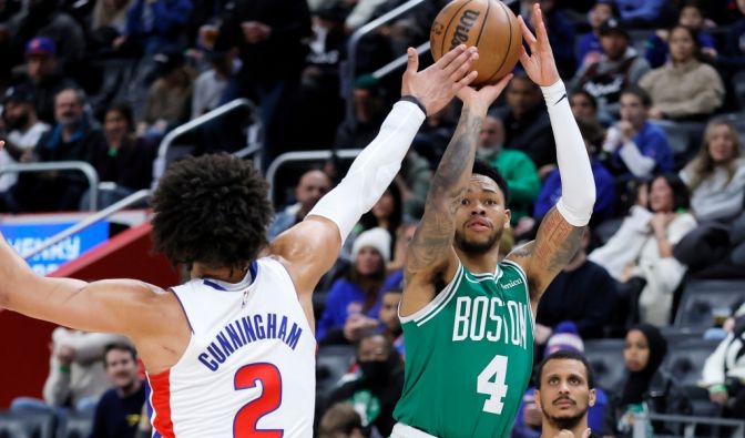 Anfernee Simons von den Bosto Celtics wirft gegen Cade Cunningham von den Detroit Pistons, am 19.01.2026. (Symbolbild)