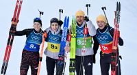 Franziska Preuß, Vanessa Voigt, Philipp Nawrath und Justus Strelow (v.l.) haben Bronze für Deutschland in der Biathlon-Mixed-Staffel geholt.