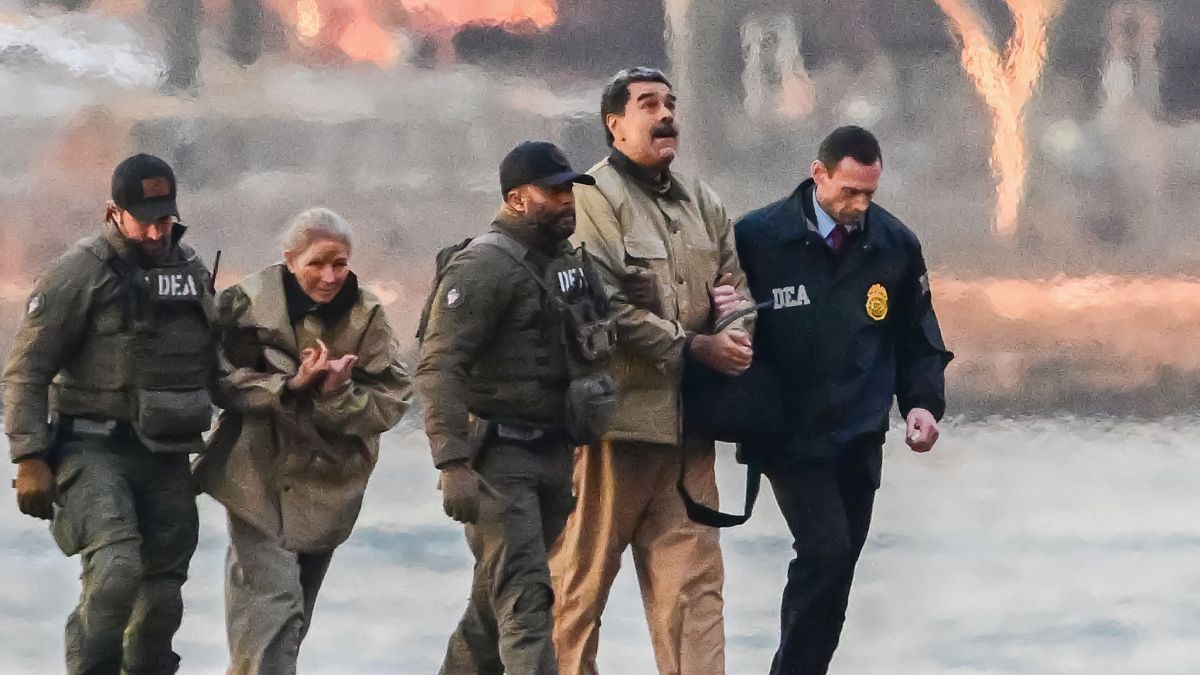 Der venezolanische Pr&auml;sident Nicolas Maduro (2.v.r) und seine Frau Cilia Flores (2.v.l) am Wall Street Heliport im New Yorker Stadtbezirk Manhattan nach der Festnahme. (Foto)