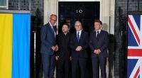 Bundeskanzler Friedrich Merz, der ukrainische Präsident Wolodymyr Selenskyj, Premierminister Sir Keir Starmer und Frankreichs Präsident Emmanuel Macron.