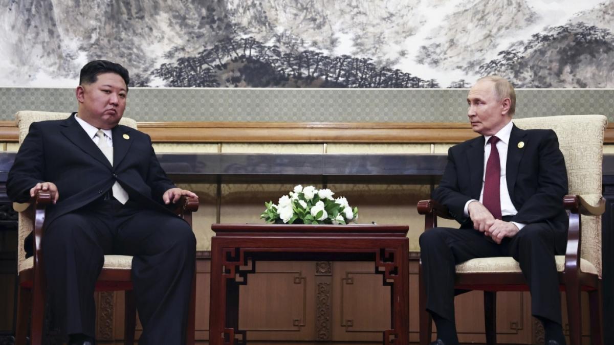 Nordkorea-Diktator Kim Jong Un (l.) soll seinen Soldaten vorab nicht verraten haben, dass sie im Ukraine-Krieg f&uuml;r Wladimir Putin (r.) k&auml;mpfen sollen. (Foto)