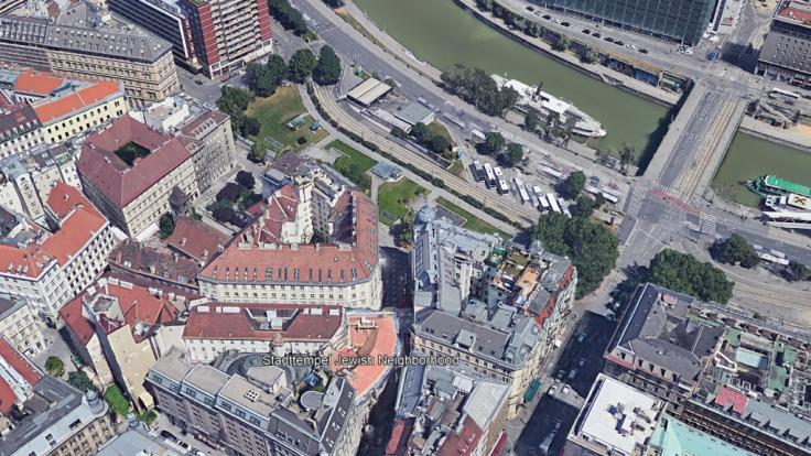 Die Satellitenaufnahme zeigt den 1. Wiener Gemeindebezirk Innere Stadt sowie die Lage des Stadttempels, der Hauptsynagoge von Wien.