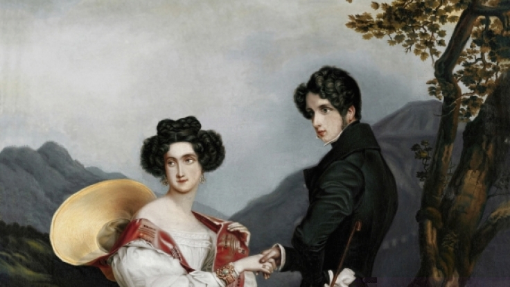 Ein Bildnis von Ludovika und Prinz Max bei ihrer Verlobung. Man sieht deutlich wie die Prinzessin sich von ihrem künftigen Gatten abwendet